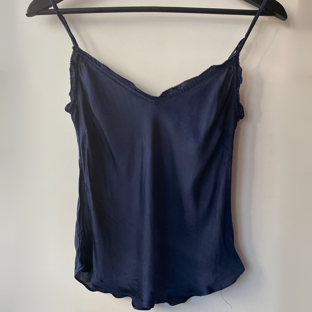 Aritzia Wilfred 100% Cupro Ruffle Japanese Satin Camisole Navy - Picture 1 of 6